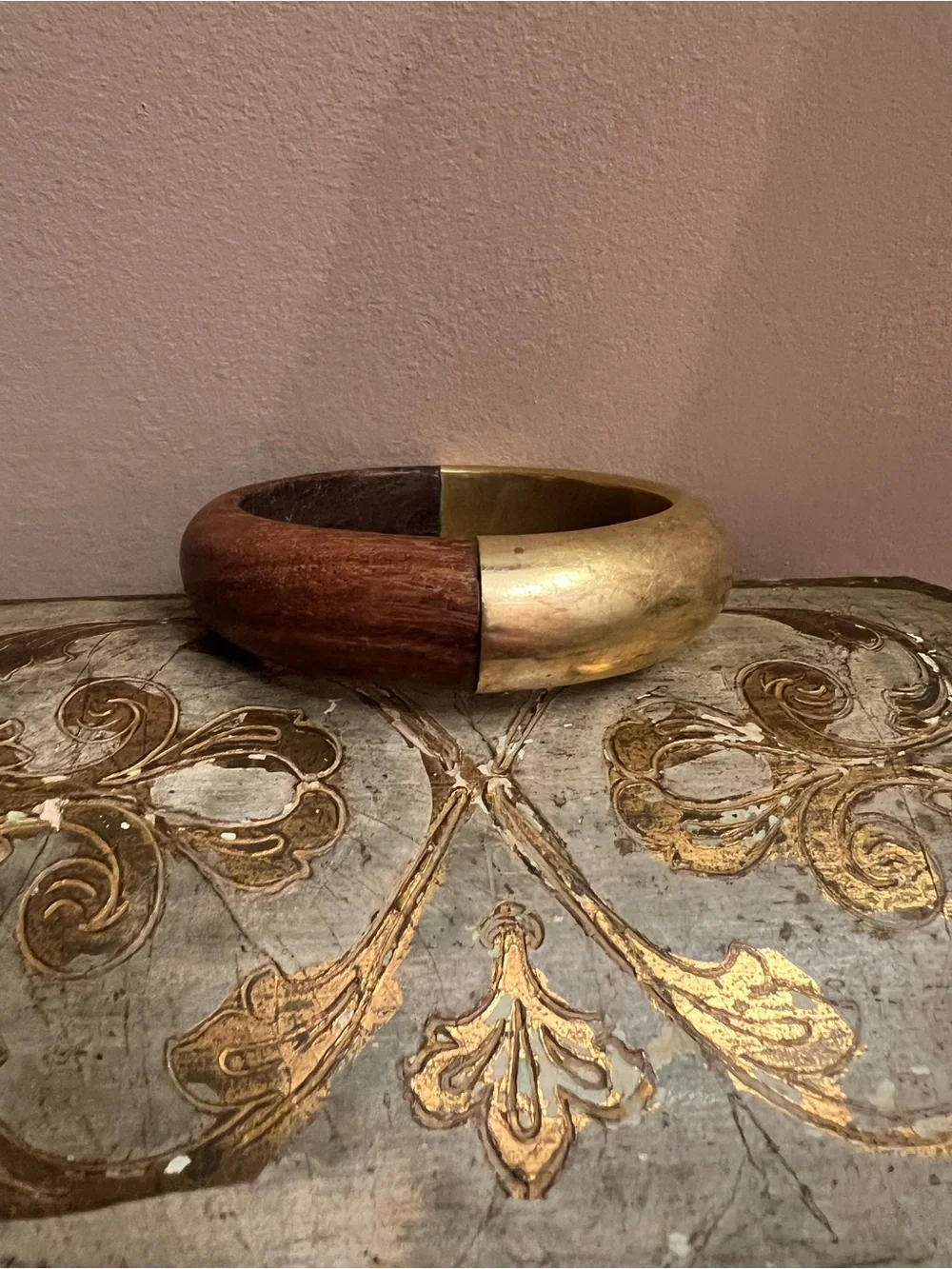 Vintage Chunky Two-Tone Wood and Brass Bangle